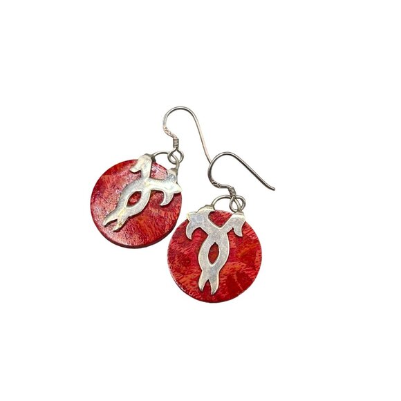 Sponge Coral Earrings Sterling Silver Apple Coral Round Pierced Dangles Drops - Picture 1 of 5